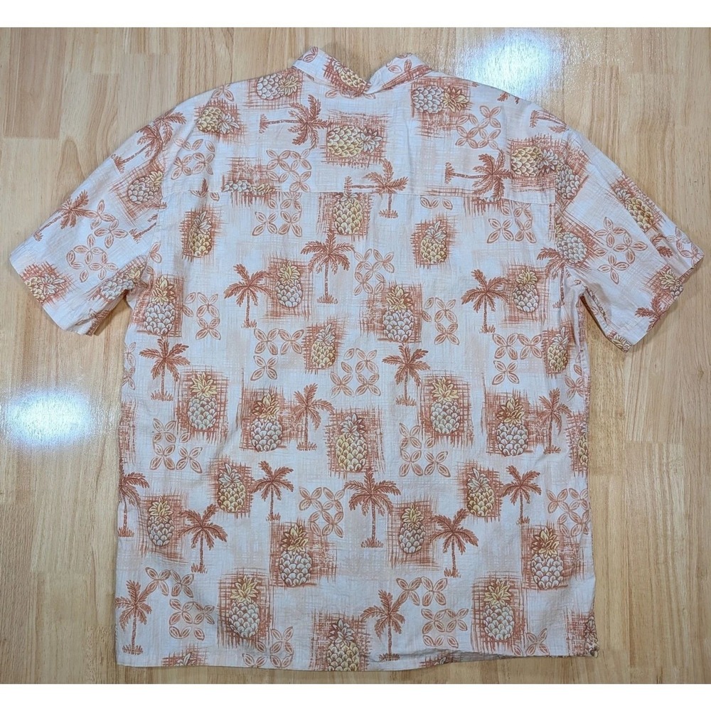 Island Shores Hawaiian Shirt XL Pineapple Palm Tree Tan Brown 100% Cotton Aloha
